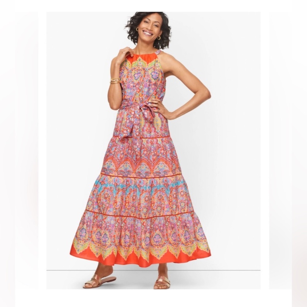 Talbots tiered halter maxi dress medallion
